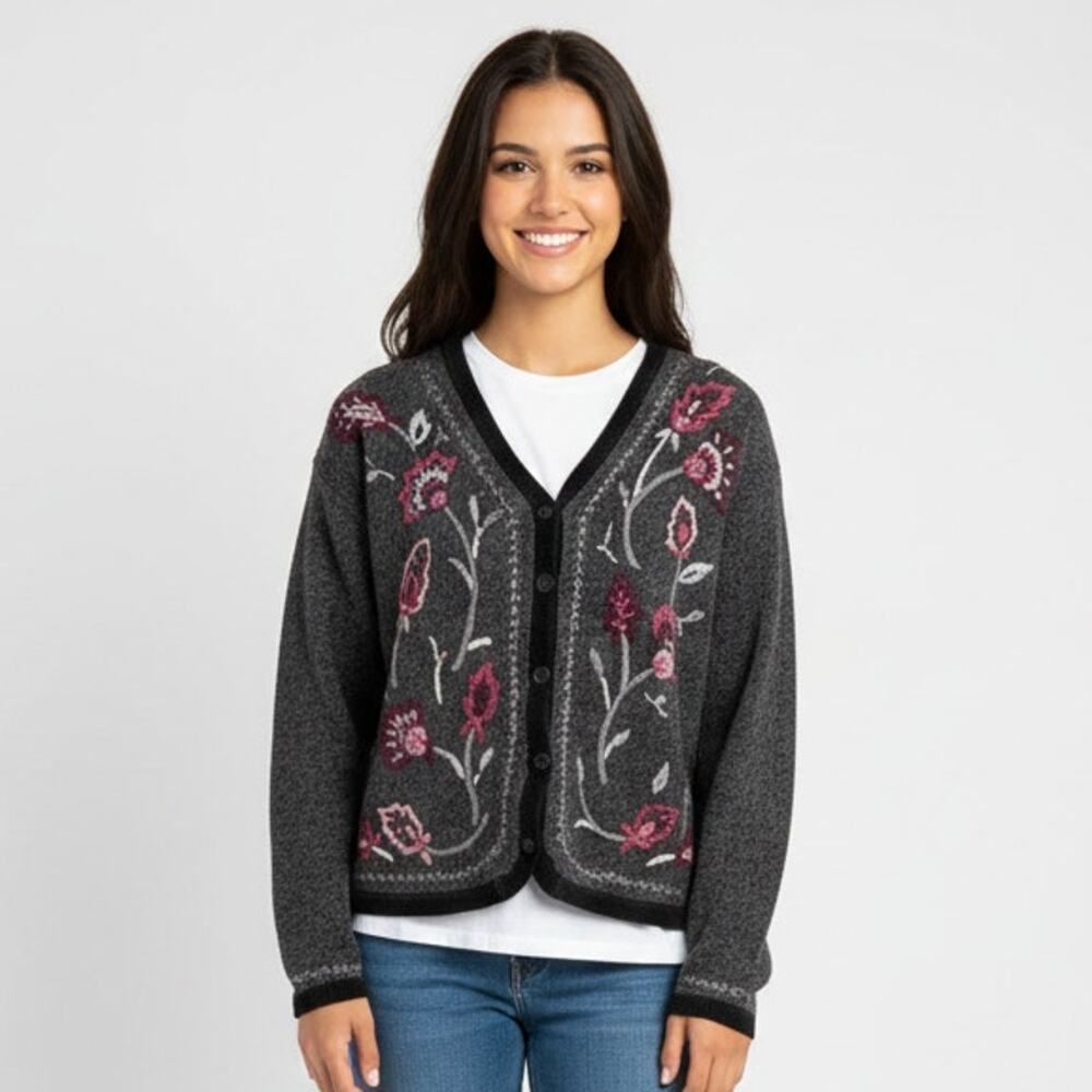 Vintage Lise J Embroidered Floral Cardigan Sweater Womens Size Large Gray Cotton